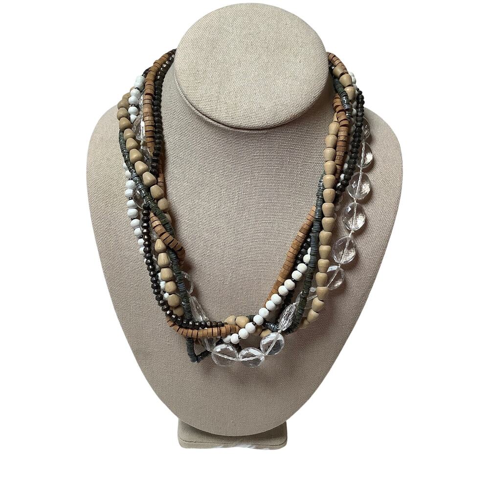 LOFT Multi Strand Beaded Wood Glass Clear Faceted Statement Necklace Boho A7-63